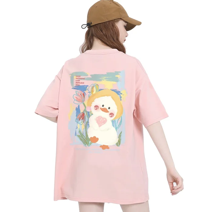 New Cartoon Printed Loose And Versatile Short Sleeved T-Shirt Cherry Blossom M