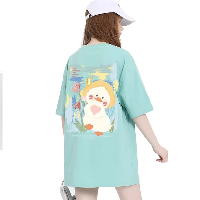 New Cartoon Printed Loose And Versatile Short Sleeved T-Shirt Mint Green M