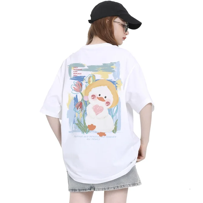 New Cartoon Printed Loose And Versatile Short Sleeved T-Shirt White M