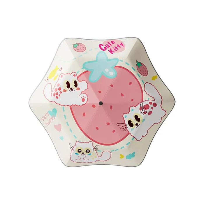 New Cartoon Rounded Corner Safety Weather Dual-Use Buckle 6-Bone Children's Umbrella Strawberry Meow F