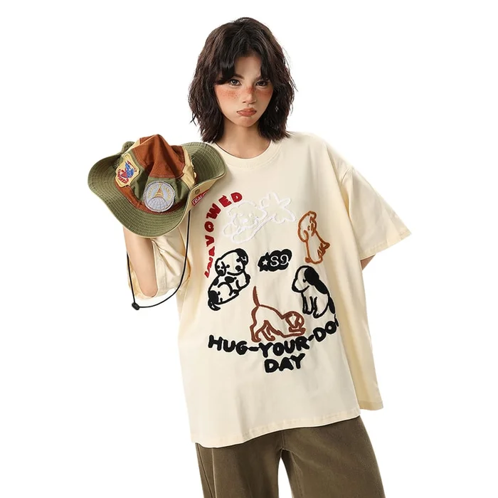 New Cartoon Towel Embroidered Five Quarter Sleeve Loose Couple T-Shirt In Apricot S