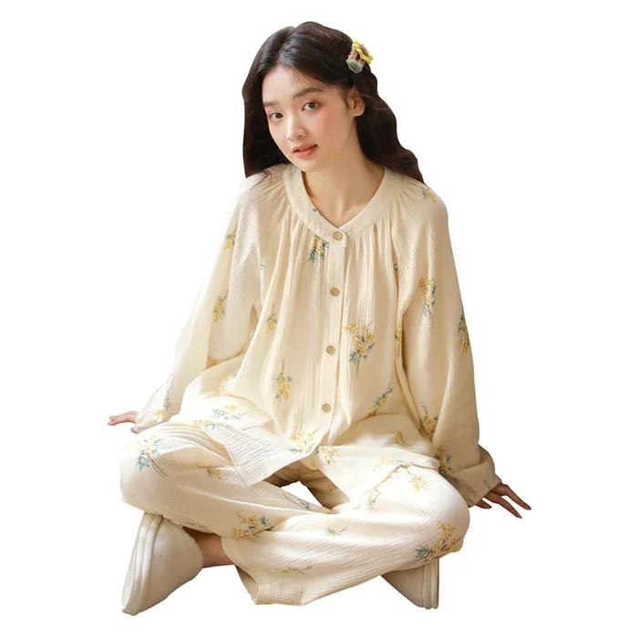 New Casual And Minimalist Printed Pajamas And Home Wear Set Beige S