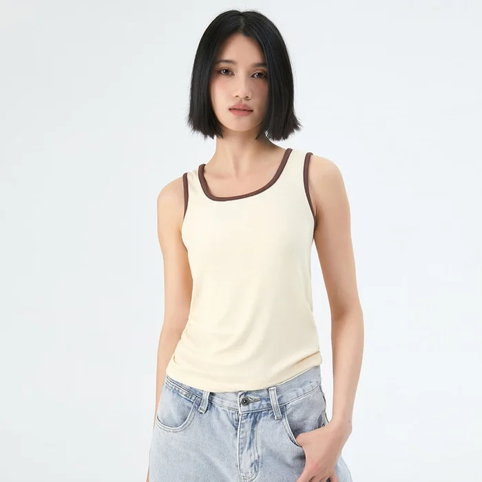 New Casual Versatile Contrasting Color Slimming Camisole Vest Apricot With Brown S