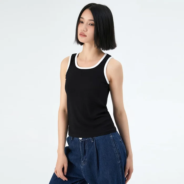 New Casual Versatile Contrasting Color Slimming Camisole Vest Black With White M