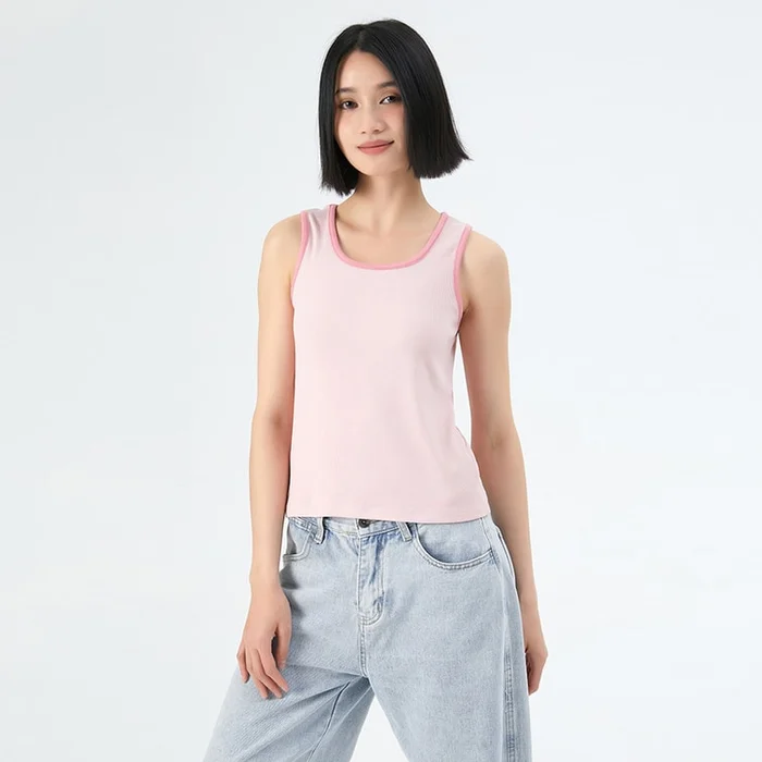 New Casual Versatile Contrasting Color Slimming Camisole Vest Light Pink With Peach Pink S