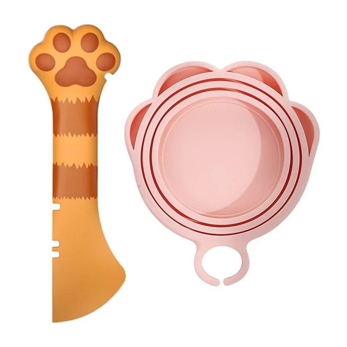 New Cat Can Sealed Lid Spoon with Preserving Silicone Lid 2-piece Set Orange Cat Yellow Can Head Spoon+Pink Can Lid F
