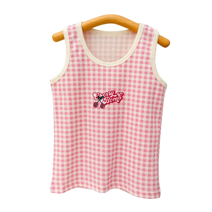 New Children's Lycra Cotton Cartoon Camisole Vest With Checkered Cherry 110cm