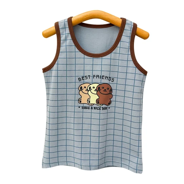 New Children's Lycra Cotton Cartoon Camisole Vest With Grid Cute Dog 140cm