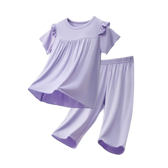 New Children's Simple Breathable Ruffled Short Sleeved Home Suit Set Cream Purple【Short Sleeved+Capri Pants】110