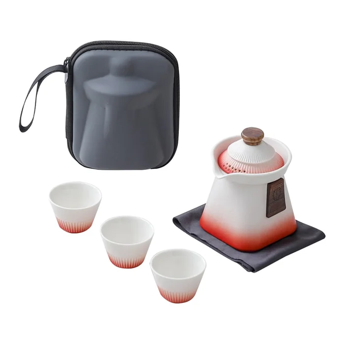 New China-Chic Palace Style Travel Portable Tea Set White+Red (One Pot And Three Cups) F