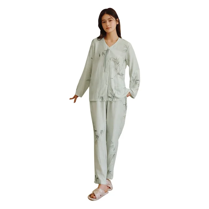 New Chinese Style Bamboo Leaf Long Sleeved Home Sleepwear Set Zhu Yun Cui Lu M