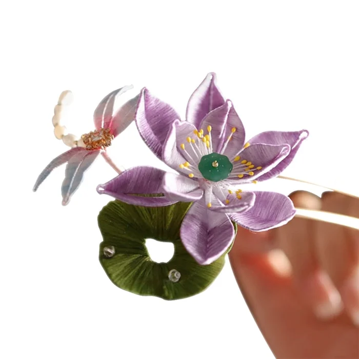 New Chinese Style Fresh And Elegant Handmade Hairpin Lotus Purple+Dragonfly F