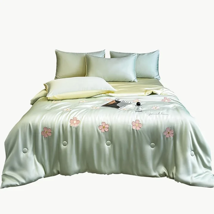 New Cool Embroidered Ice Silk Summer Cool Quilt Set Flowers – Fruit Milk Yellow 1.5m Summer Blanket Set Of Four Pieces