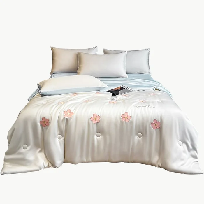 New Cool Embroidered Ice Silk Summer Cool Quilt Set Flowers – Milk White Blue 1.5m Summer Blanket Set Of Four Pieces