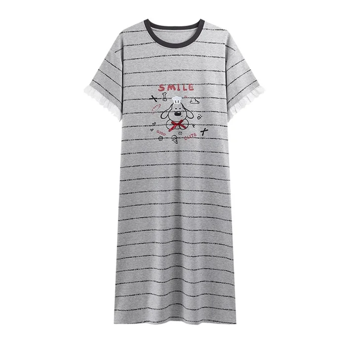 New Cotton Loose Short Sleeved Nightgown Home Wear Gray Stripe M