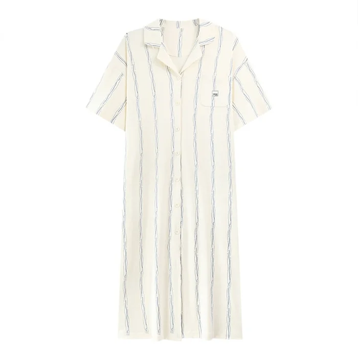 New Cotton Nightgown Loose Fit Can Be Worn Outside Cardigan Home Clothes Blue Stripe