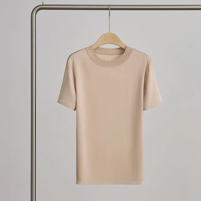New Minimalist Solid Color Mulberry Silk Breathable Short Sleeved T-shirt Khaki L
