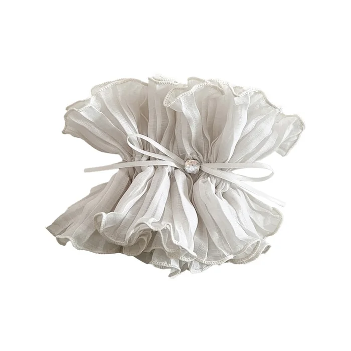 New Pleated Ruffle Edge Rhinestone Bow Headband Beige Small Waist F