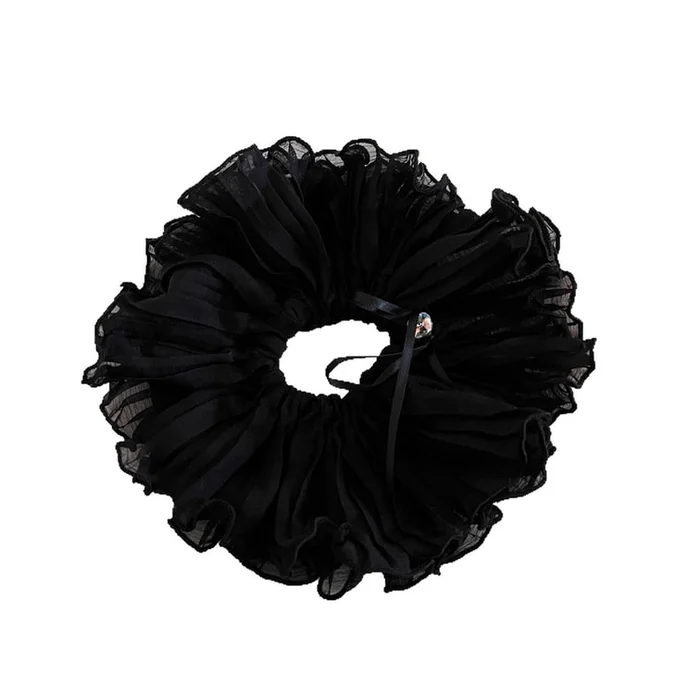 New Pleated Ruffle Edge Rhinestone Bow Headband Black Double-Layer F