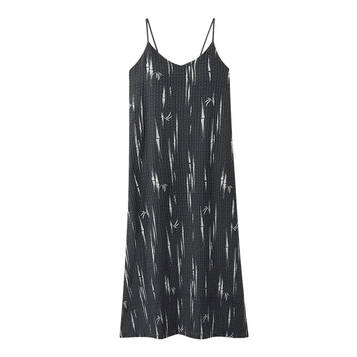 New Pure Cotton Camisole Nightgown With Chest Cushion Mid To Long Length Casual Home Wear Black Gray M