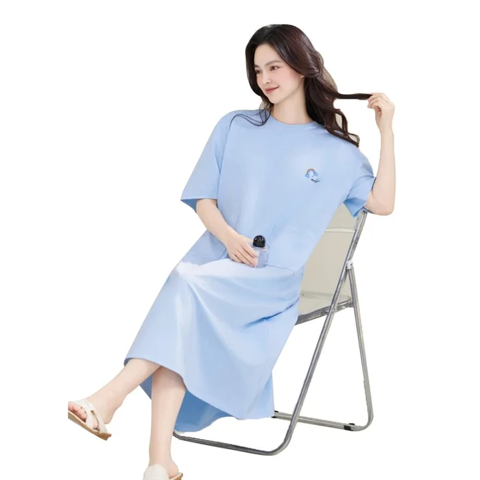 New Pure Cotton Dress For Casual Refreshing And Comfortable Home Wear Blue L