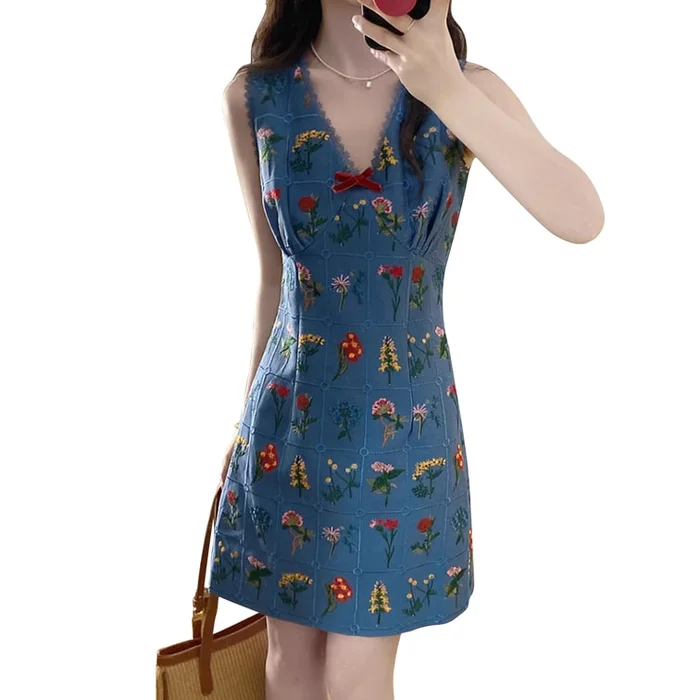 New Retro V-Neck Slim Denim Short Dress Blue F