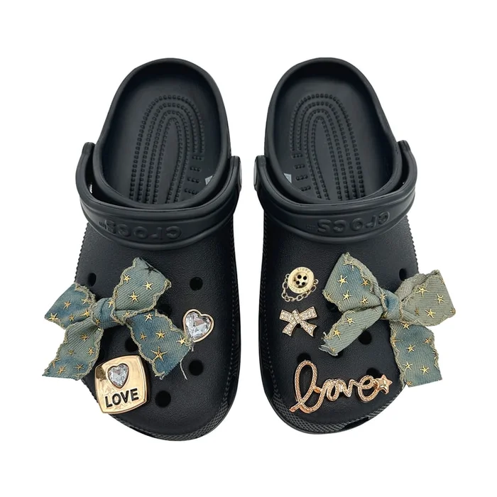 New Retro Versatile Denim Bow Hole Shoes With Shoe Flowers 【Retro Cowboy Bow】7 Shoe Buckles