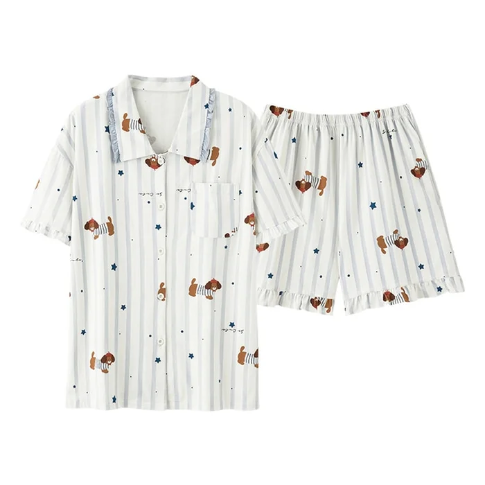 New Short sleeved Thin Home Clothes Two piece Set Blue and White Milk Dog M