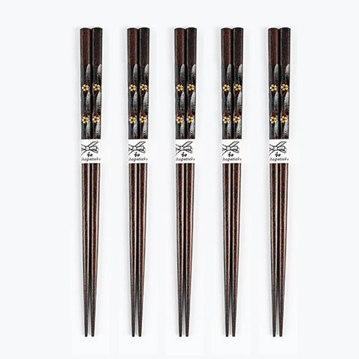 New Solid Wood Pointed Mosaic Chopsticks Double Cherry Blossom Solid Wood Chopsticks 5 Pairs/Set