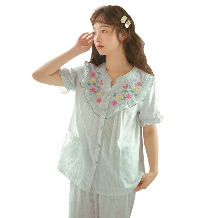 New Spring/Summer Thin Short sleeved Pants Home Clothes Set Green S