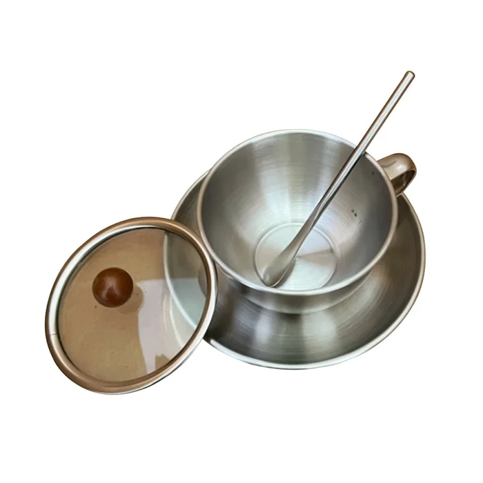 New Stainless Steel Afternoon Tea Coffee Cup Plate Three Piece Set Acacia Wood Coffee Cup 300ml+Spoon+Plate