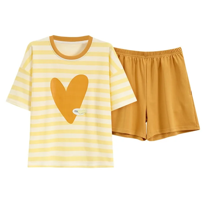 New Summer Pure Cotton Short Sleeved Shorts Home Wear Two-Piece Set With Yellow Striped Heart L
