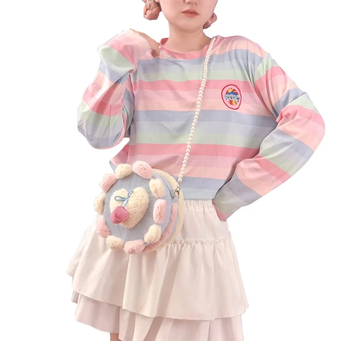 New Sweet Cute And Versatile Girl's Age Reducing Plush Small Round Bag Cake Round Bag+110cm Pearl Chain+Plush Handbag F