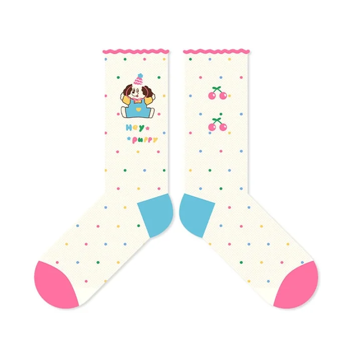 New Thin Breathable Combed Cotton Cartoon Tube Socks A Pair Of Pink Dot Party 35-39