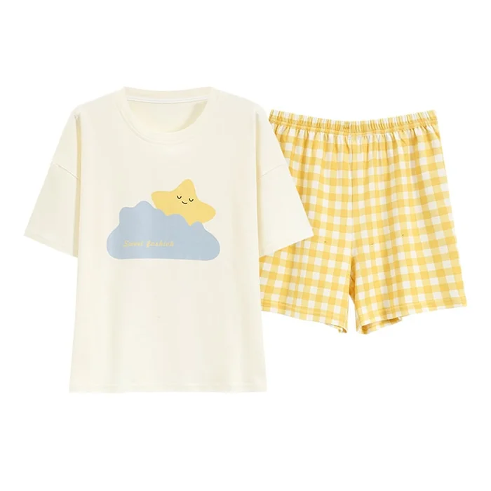New Thin Pure Cotton Casual Home Wear Two-Piece Set With Yellow Checkered Clouds XL