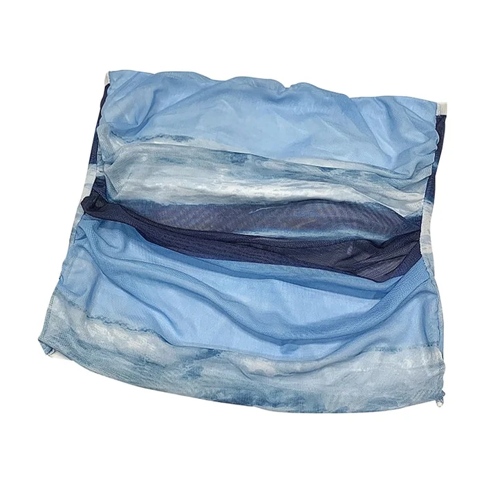 New Trendy Spicy Girl Sexy Tie Dye Pleated Strapless Blue M