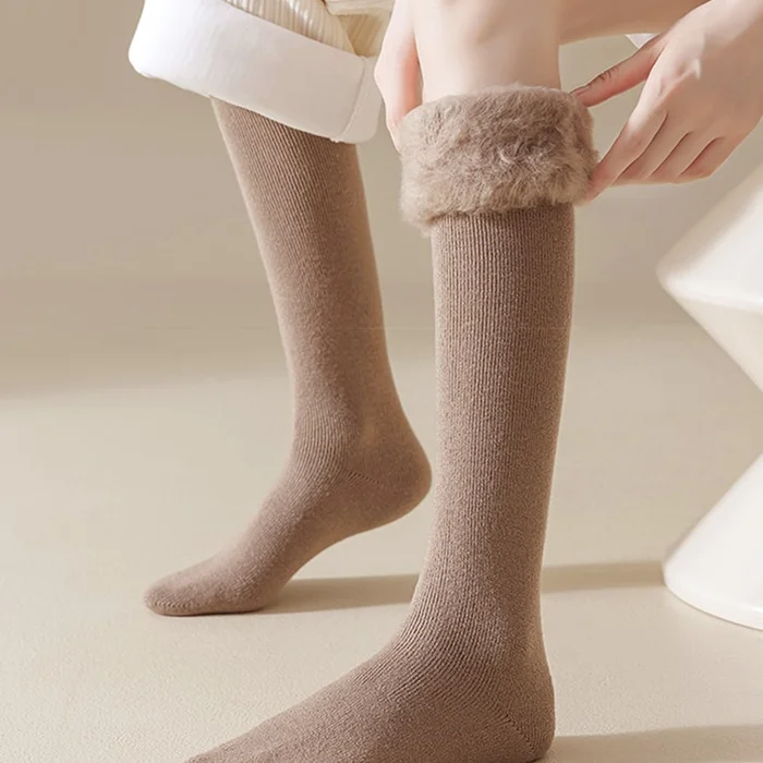 New Velvet Thickened Warm Knee Pads Solid Color Calf Socks Khaki+Light Coffee 63cm