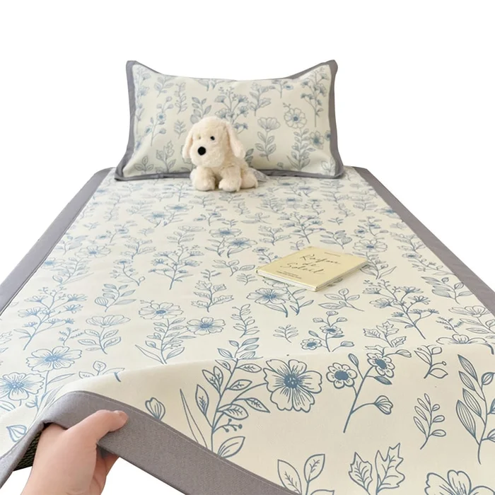 New Washed Folding Soft Mat Ice Silk Cooling Mat Single Seat Pillowcase Flower Cluster Countryside Three Piece Set