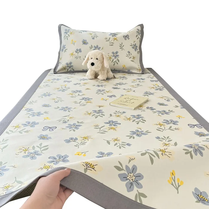 New Washed Folding Soft Mat Ice Silk Cooling Mat Single Seat Pillowcase Flower Moon Green Snake Two Piece Set