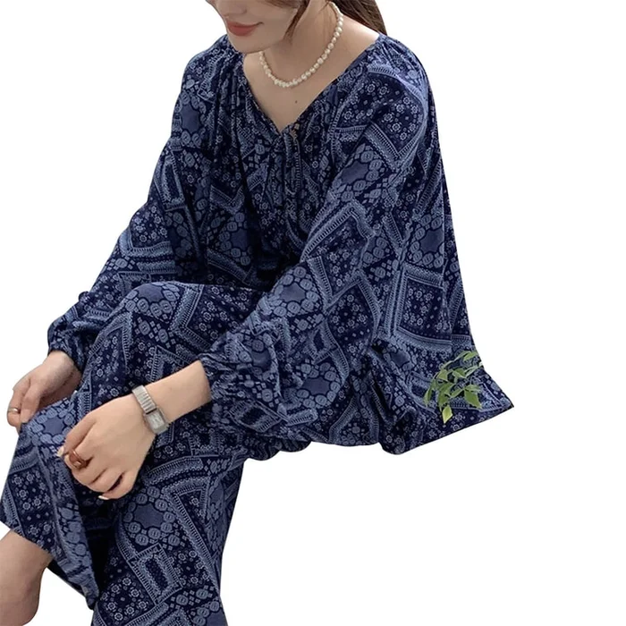 New Wearable Air Conditioning Suit Cotton Silk Set Home Wear Blue Print M