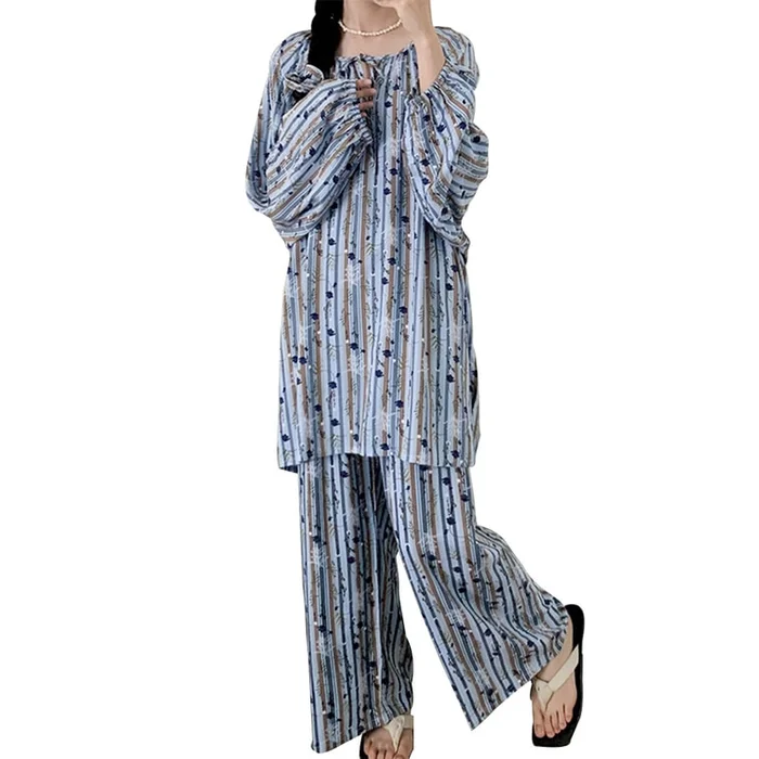 New Wearable Air Conditioning Suit Cotton Silk Set Home Wear Blue Printed Stripes M