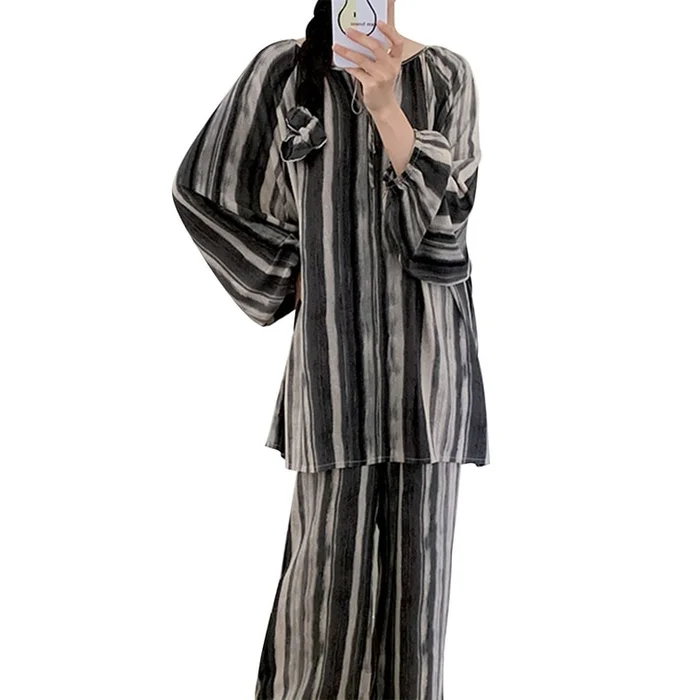 New Wearable Air Conditioning Suit Cotton Silk Set Home Wear Gray Striped Pattern M