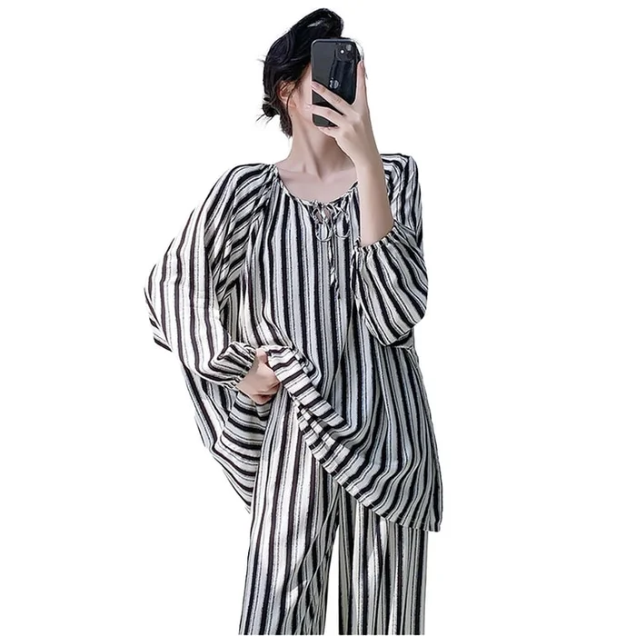 New Wearable Air Conditioning Suit Cotton Silk Set Home Wear Stripe M