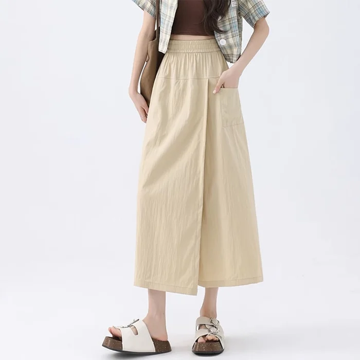 New Workwear Style High Waisted A-line Loose Wide Leg Casual Skirt Pants Apricot M