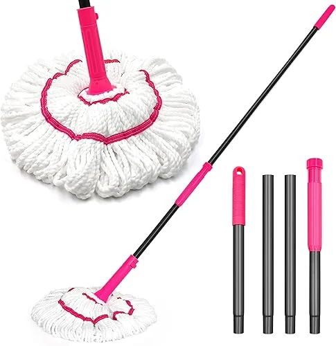 NEWE Self Wringing Twist Mop for Floor Cleaning, Upgraded 18-inch Wide Microfiber Mops, 55 inches Long Handle Wet Dry Kitchen Easy Squeeze String Mop for Wood, Hardwood, Tile, Marble (Rose Red)