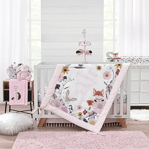 NoJo Keep Blooming Pink, White, Purple and Gold, Flowers, Fox, Bunny and Birds ‘Keep Blooming Sweet Girl’ 4 Piece Nursery Crib Bedding Set – Comforter, 100% Cotton Fitted Crib Sheet, Crib Skirt