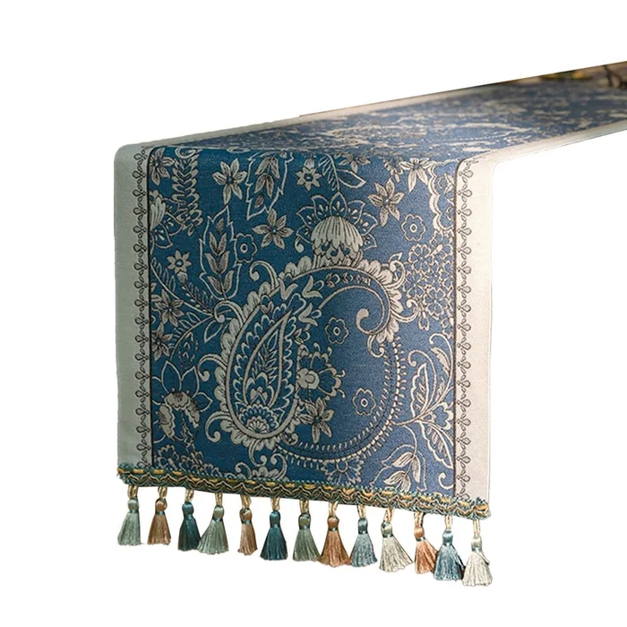 Nordic Long Tassel Table Flag Jacquard Phoenix Tail Blue Bottom Lotus New Blue Tassel Table Flag 35-120