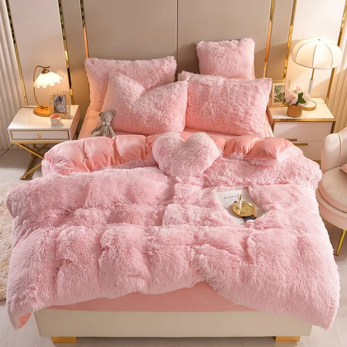 Nordic Pure Color Plush Bedding Set 4PCS Set Pink Twin Size