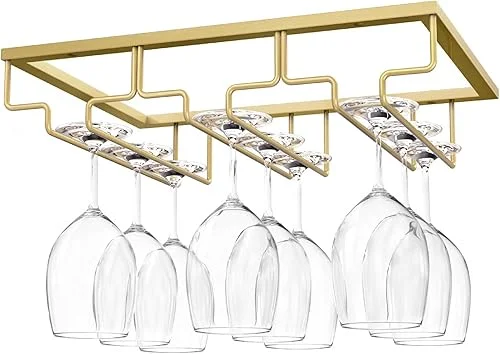 Nuovoware Wine Glass Rack, Wine Glass Hanger Rack Under Cabinet Stemware Wine Glass Holder Storage Hanger for Bar Kitchen Cabinet (3 Rows) – Gold