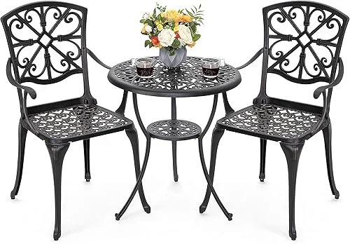 NUU GARDEN 3 Piece Outdoor Bistro Set Cast Aluminum Patio Set Bistro Table Set Rustproof Patio Table and Chairs with Umbrella Hole for Backyard, Balcony, Front Porch, Black